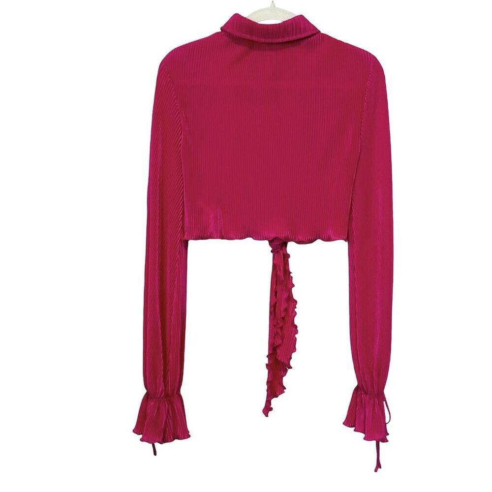 Women's Pink Pleated Tie-Front Blouse V-Neck Long Sleeve Size M button front. - Picture 3 of 11